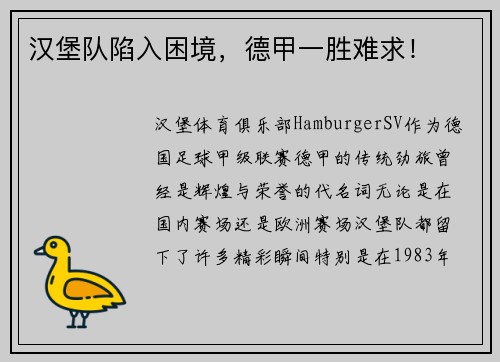 汉堡队陷入困境，德甲一胜难求！