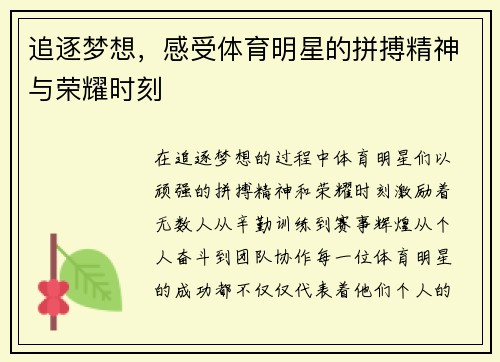 追逐梦想，感受体育明星的拼搏精神与荣耀时刻